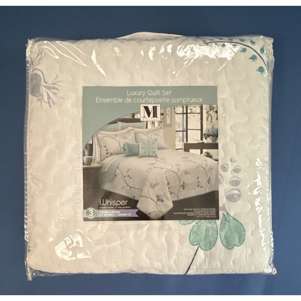 M Style Whisper Floral Quilt Set Double-Queen White/Blue/Green 90x90